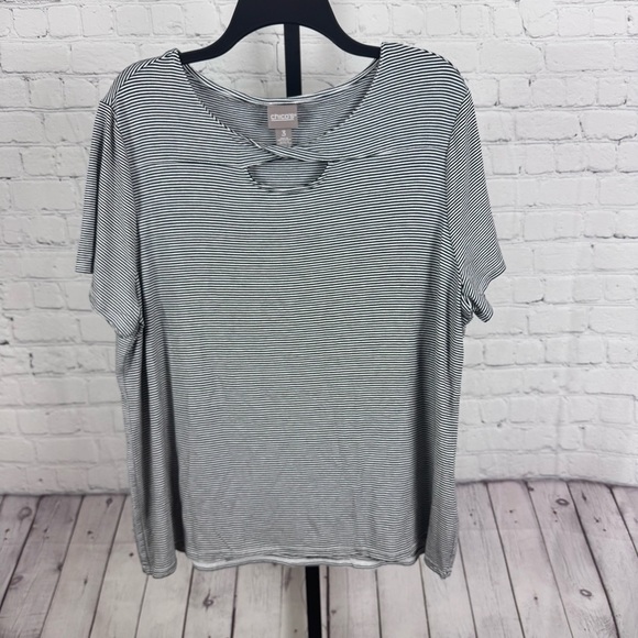Chico’s Black and White Striped Short Sleeve T-Shirt Size 3 (XL) - Picture 1 of 6